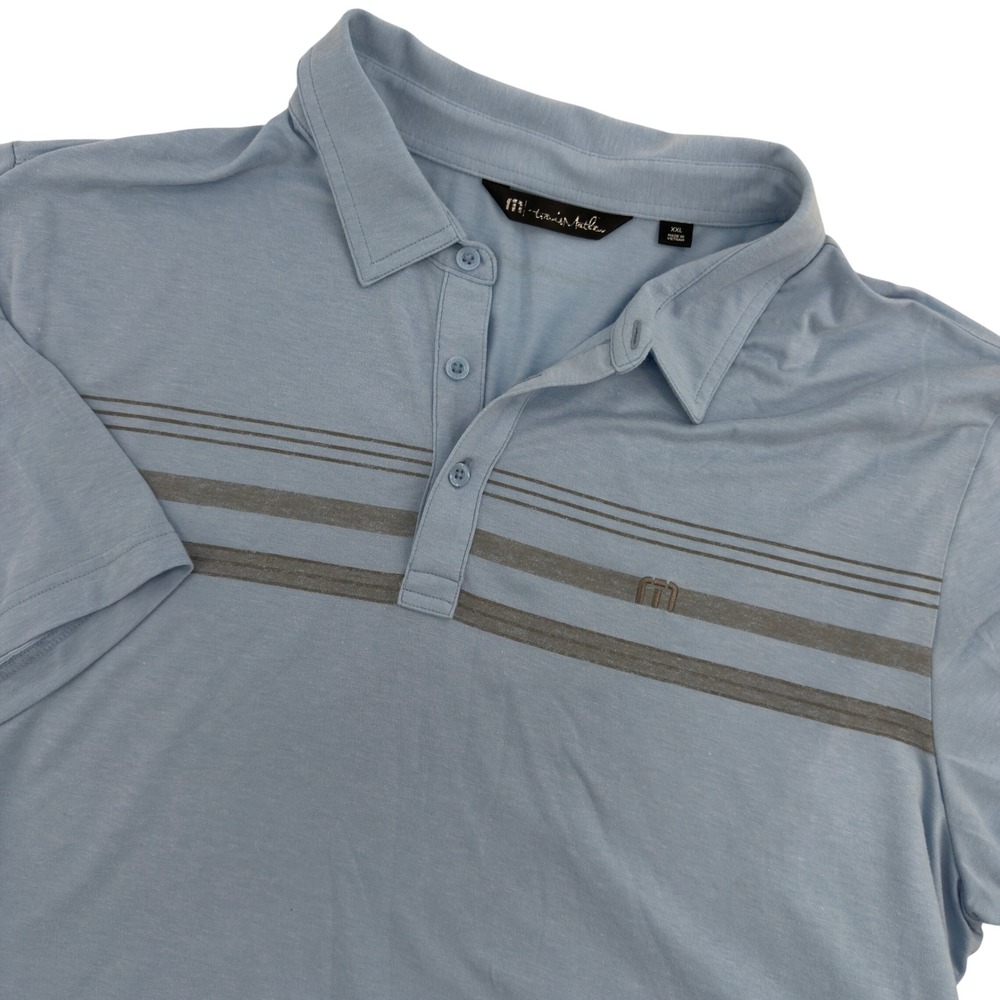 TravisMathew Mens XXL Blue Striped Short Sleeve Golf Polo Shirt Logo